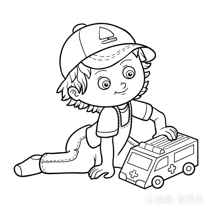 图画书。小男孩玩救护车
