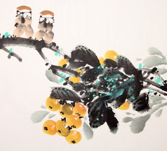 中国水墨绘画鸟和植物图片