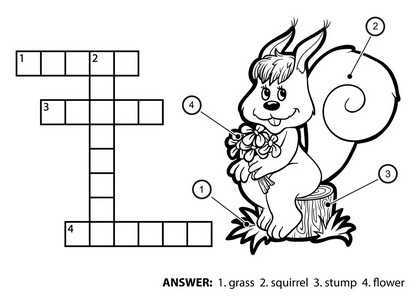 矢量无色填字游戏。 松鼠坐在树桩上