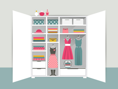 白色衣柜整齐衣服 衬衫 毛衣 框和鞋.居家室内.平面设计矢量图照片