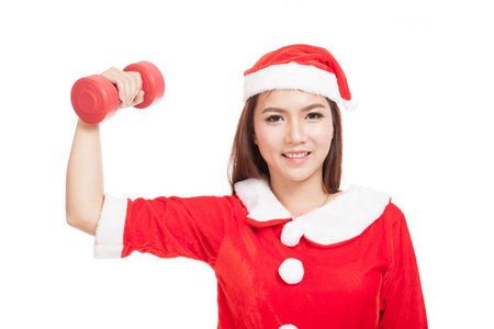 亚洲圣诞女孩与圣诞老人的衣服和红色哑铃