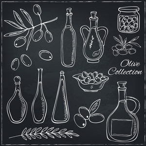 橄榄素描与树枝和油瓶。