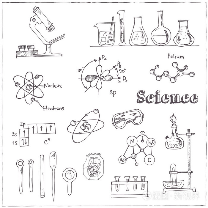 矢量集合手画的涂鸦科学实验室对象