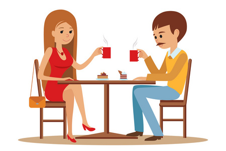夫妻坐在咖啡馆里，调情和谈论的东西。平现代插画的学生使用的笔记本电脑手机