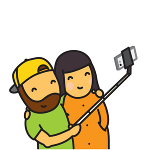 使用智能手机和拍照棍子矢量图的照片制作的卡通情侣照片