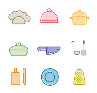 矢量厨房 餐厅和烹饪的图标。厨师帽 克洛什 锅 刀 梯，光栅板 平底锅 板