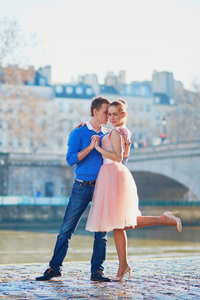 浪漫的情侣，在巴黎塞纳河堤