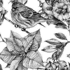 无缝模式与不同的鲜花 鸟类和植物手工绘制用黑色墨水