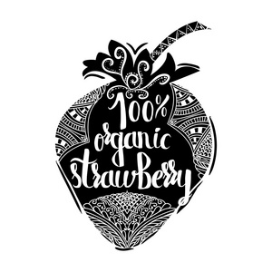 创意印刷海报上甜草莓孤立的在线商店和超市出售 100有机产品为白色背景上一个黑色的人影。矢量