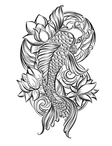 雕刻手绘线条艺术复古纹身单色素描标签一套锦鲤鱼, 日本鱼.