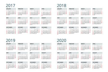 2017 年日历 2018年 2019年 2020年。周从星期日开始。简单的矢量设计