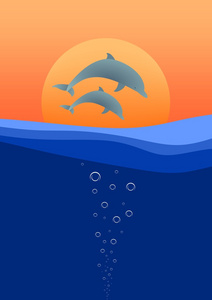 浪漫的夏季节日景观与夕阳与蓝色波浪海面与两个跳跃的海豚和橙色上升到表面的气泡与地平线上的太阳
