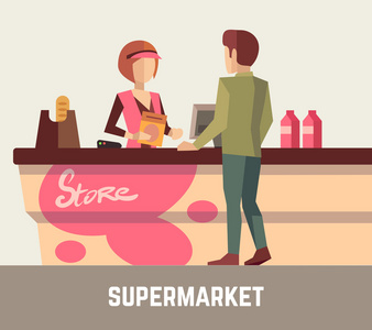 超市卖场助理, 收银员在收银台和客户的女人.矢量图照片