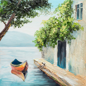 油画，缆车在威尼斯，美丽夏季的一天在意大利，抽象绘画