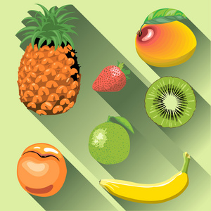 一套与阴影 菠萝 芒果 桃 猕猴桃 香蕉 草莓和柠檬 数字矢量图像的水果