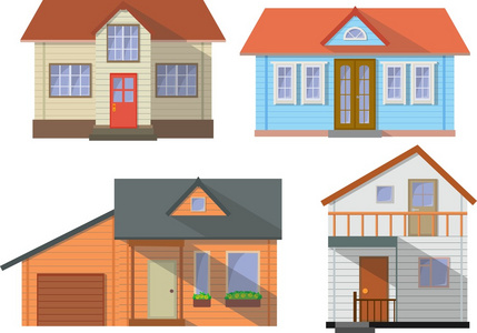 彩色的小屋家庭套房子在平面样式孤立在白色背景。矢量图