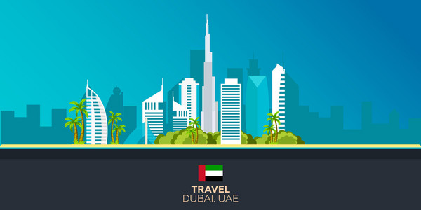 迪拜。旅游。旅行的插图迪拜市。现代平面设计。迪拜的天际线。阿拉伯联合酋长国。阿拉伯联合酋长国