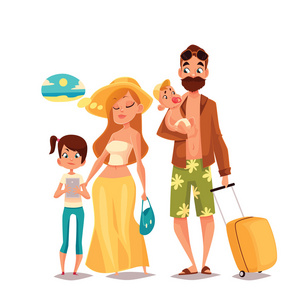 家庭与两个孩子，行李到达度假