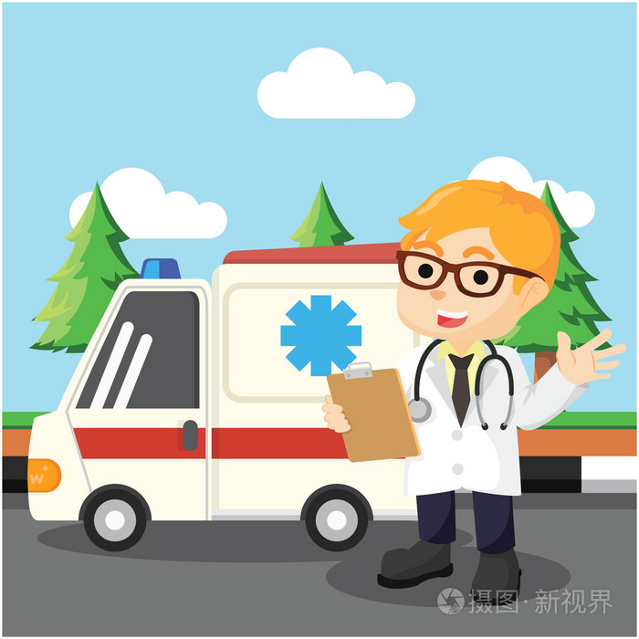医生站在救护车卡通插图