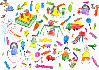 卡通人物和有趣的玩具收藏，儿童绘画对象在纸上，手绘制的艺术图片