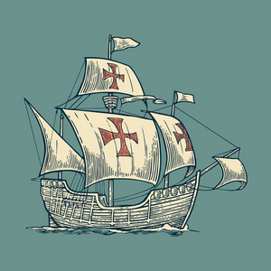 漂浮在大海的波涛上的帆船。轻快圣玛丽亚与哥伦布。手工绘制的设计元素。复古矢量版画插图海报 标签 邮戳。蓝色背景上孤立