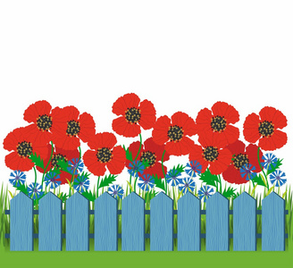 草 花和围墙上的背景图。蓝色围栏内园林景观与草叶的前景和红色的花的插图