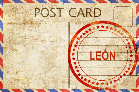 利昂，老式明信片与粗糙的橡皮戳