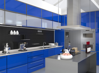油烟机灶具现代厨房内饰与蓝色颜色协调的智能装置照片