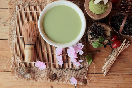 日本抹茶绿色茶和绿茶粉