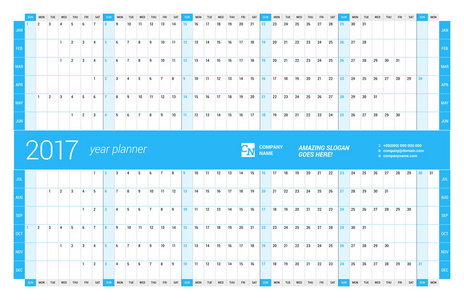 每年墙上日历计划模板 2017 年。矢量设计打印模板。周从星期日开始