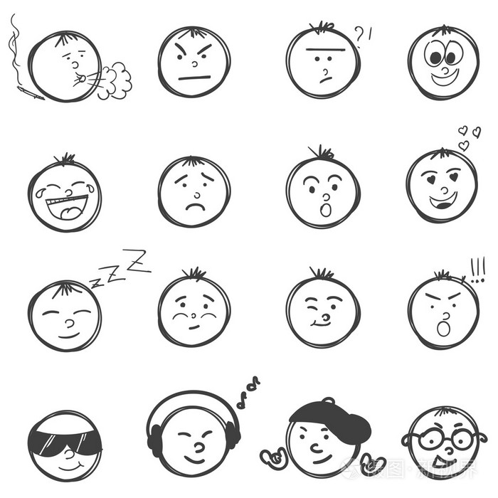 手绘表情符号表情每个不同的面部表情与情感