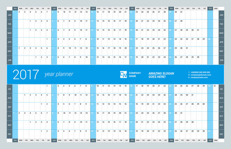 每年墙上日历计划模板 2017 年。矢量设计打印模板。周从星期日开始