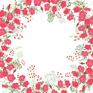 方形框架，轮廓玫瑰和草药在白色。 花片