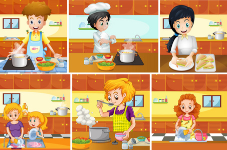 六个场景的人在厨房做饭卡通场景与快乐的国王站在厨房, 并与儿童的