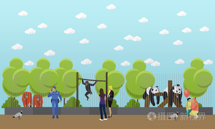 与家人和孩子前往 zoopark 的人.平面样式设计动物矢量图