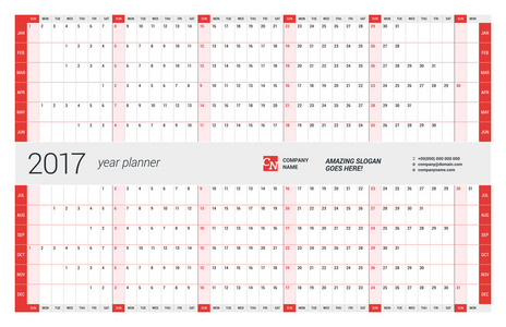 每年墙上日历计划模板 2017 年。矢量设计打印模板。周从星期日开始