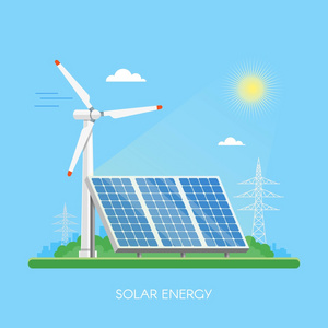 太阳能电池板电源厂和工厂。绿色能源工业的概念。矢量图在平面样式。电力站背景