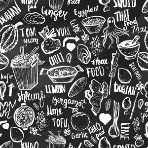 泰国食品无缝手绘制的粗纹。泰国的草图。白色背景的咖啡馆的菜单 横幅 黑板上孤立的矢量