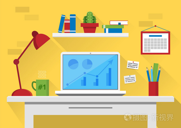 创意卡通办公室工作区的计算机