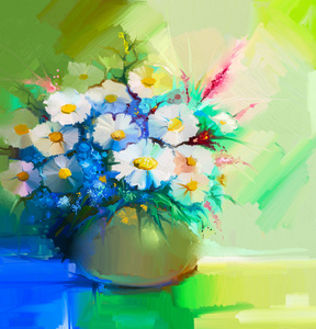 抽象油画的春天的花朵。静物画的白色非洲菊 雏菊 丁香 野花