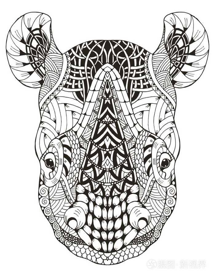 犀牛头 zentangle 程式化,矢量插画,手绘铅笔,嘟嘟,黑色和白色, 模式