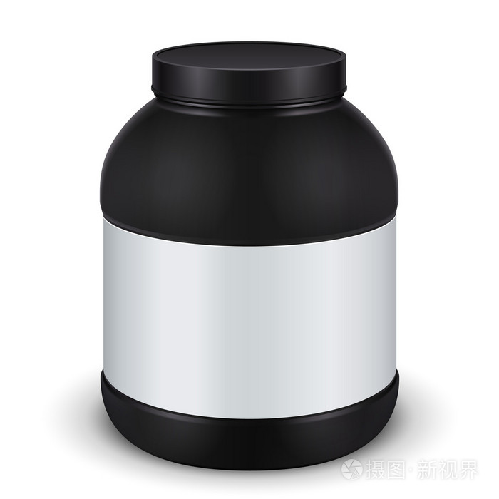 运动营养，蛋白质 受益者，黑色，Jar 可以盖瓶标签。分离出的白色背景上的空白。准备好您的设计。模拟了模板准备好您的设计。矢量