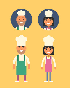 烹饪的概念。厨师厨师职业。微笑的男人和女人在长官制服。平面样式的插图。人们的职业头像