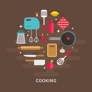 烹饪的概念。平面样式矢量图。厨房用具