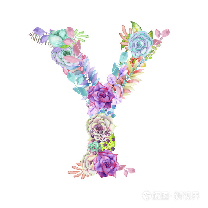 大写字母 y 的水彩花卉,孤立手绘在白色的背景下,婚礼设计