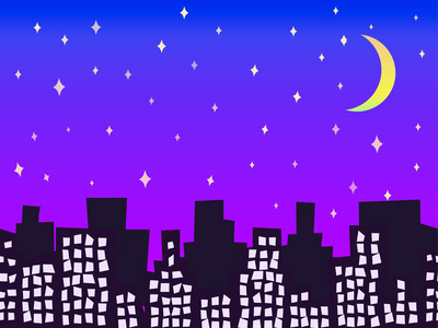在晚上与星星和月亮无缝矢量图城市剪影