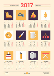 2017 年的日历设计模板。每周星期一开始。文具设计。矢量日历海报与旅行图标。旅游和徒步旅行的概念