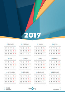 2017年日历设计模板。 星期一开始。 统计