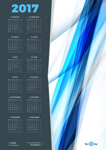 2017年日历设计模板。 星期一开始。 统计