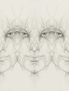 神秘的人脸上有花饰。 在纸上画画。 眼睛